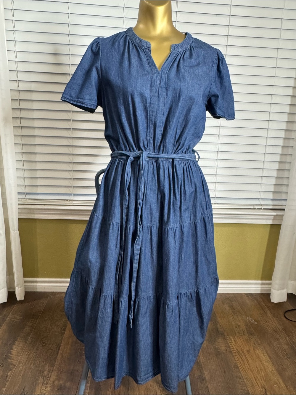 Tiered Chambray Midi Dress with Waist Tie